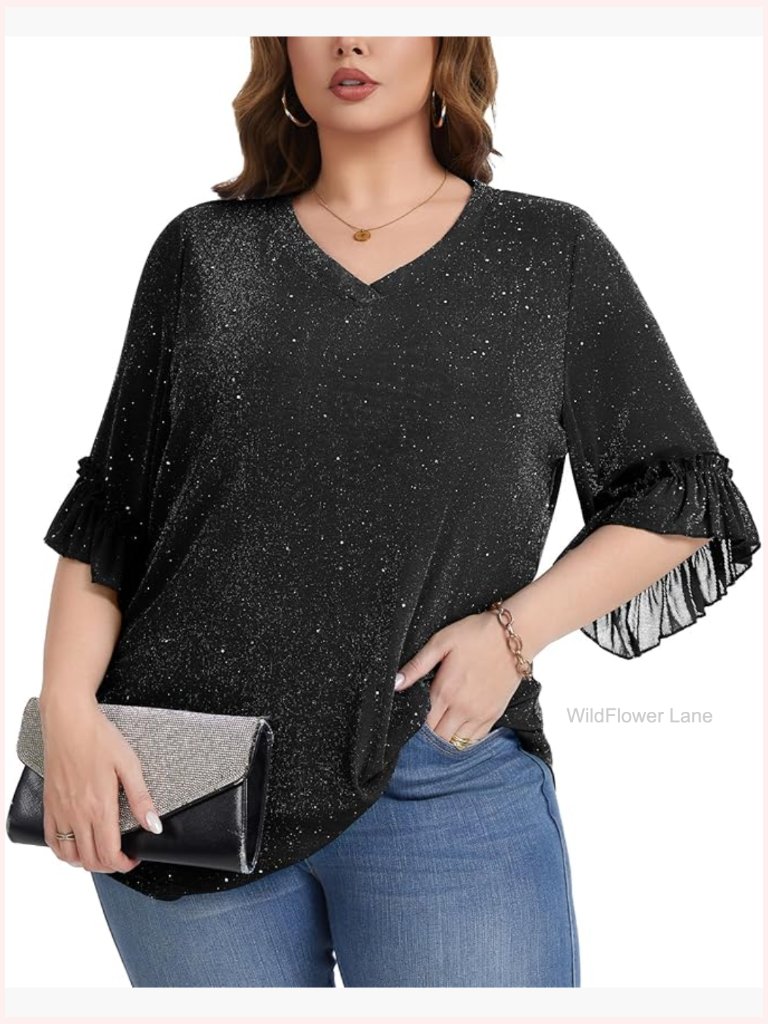 Plus Size Sequin Mesh V Neck Top Ruffled 3/4 Sleeve Sparkly Party Blouse Dressy